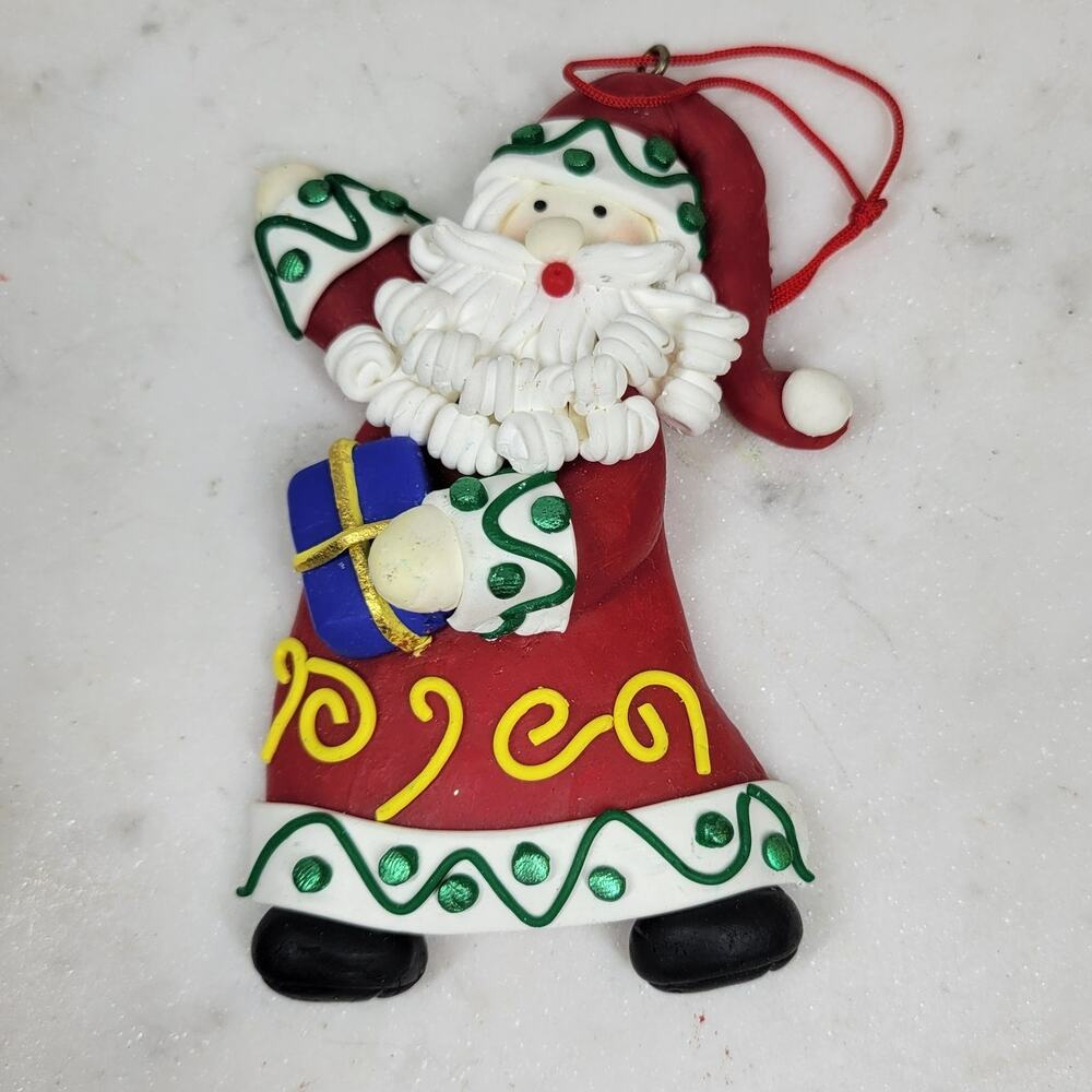 Vintage Clay Dough Santa With Gift Christmas Tree Ornament Hanging Holiday Decor